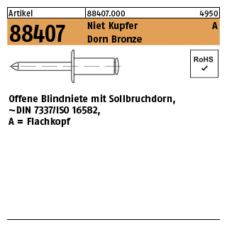 500 Stück, Artikel 88407 Niet Kupfer A Dorn Bronze Offene Blindniete mit Sollbruchdorn, ~DIN 7337/ISO 16582, Flachkopf - Abmessung: 3 x 4