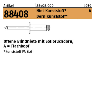 500 Stück, Artikel 88408 Niet Kunststoff A Dorn Kunststoff Offene Blindniete mit Sollbruchdorn, Flachkopf - Abmessung: 5 x 8