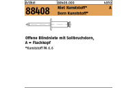 500 Stück, Artikel 88408 Niet Kunststoff A Dorn Kunststoff Offene Blindniete mit Sollbruchdorn, Flachkopf - Abmessung: 5 x 8