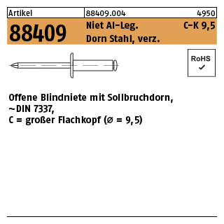 500 Stück, Artikel 88409 Niet Al-Leg. C-K 9,5 Dorn Stahl, verz. Offene Blindniete mit Sollbruchdorn, ~DIN 7337, großer Flachkopf (Ø = 9,5) - Abmessung: 3,2 x 6