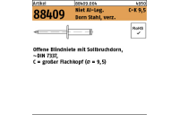 500 Stück, Artikel 88409 Niet Al-Leg. C-K 9,5 Dorn Stahl, verz. Offene Blindniete mit Sollbruchdorn, ~DIN 7337, großer Flachkopf (Ø = 9,5) - Abmessung: 3,2 x 6