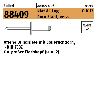 500 Stück, Artikel 88409 Niet Al-Leg. C-K 12 Dorn Stahl, verz. Offene Blindniete mit Sollbruchdorn, ~DIN 7337, großer Flachkopf (Ø = 12) - Abmessung: 4 x 6