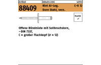 500 Stück, Artikel 88409 Niet Al-Leg. C-K 12 Dorn Stahl, verz. Offene Blindniete mit Sollbruchdorn, ~DIN 7337, großer Flachkopf (Ø = 12) - Abmessung: 4 x 8