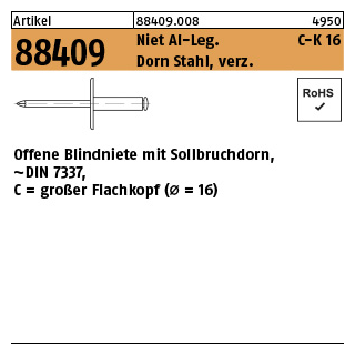 250 Stück, Artikel 88409 Niet Al-Leg. C-K 16 Dorn Stahl, verz. Offene Blindniete mit Sollbruchdorn, ~DIN 7337, großer Flachkopf (Ø = 16) - Abmessung: 4,8 x 8