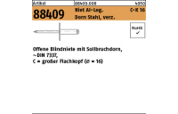 250 Stück, Artikel 88409 Niet Al-Leg. C-K 16 Dorn Stahl, verz. Offene Blindniete mit Sollbruchdorn, ~DIN 7337, großer Flachkopf (Ø = 16) - Abmessung: 4,8 x 8