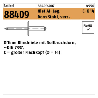 250 Stück, Artikel 88409 Niet Al-Leg. C-K 14 Dorn Stahl, verz. Offene Blindniete mit Sollbruchdorn, ~DIN 7337, großer Flachkopf (Ø = 14) - Abmessung: 5 x 8