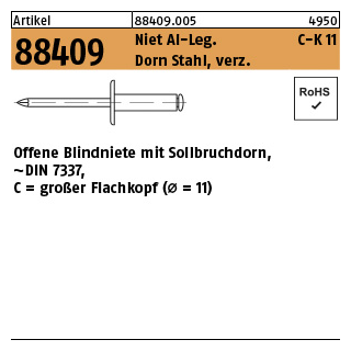 500 Stück, Artikel 88409 Niet Al-Leg. C-K 11 Dorn Stahl, verz. Offene Blindniete mit Sollbruchdorn, ~DIN 7337, großer Flachkopf (Ø = 11) - Abmessung: 5 x 10