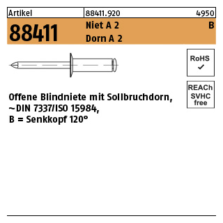 500 Stück, Artikel 88411 Niet A 2 B Dorn A 2 Offene Blindniete mit Sollbruchdorn, ~DIN 7337/ISO 15984, Senkkopf 120° - Abmessung: B 5 x 8