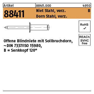 500 Stück, Artikel 88411 Niet St. verz. B Dorn Stahl, verz. Offene Blindniete mit Sollbruchdorn, ~DIN 7337/ISO 15980, Senkkopf 120° - Abmessung: 5 x 14