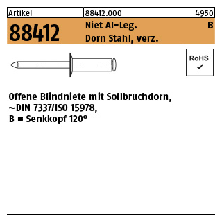 500 Stück, Artikel 88412 Niet Al-Leg. B Dorn Stahl, verz. Offene Blindniete mit Sollbruchdorn, ~DIN 7337/ISO 15978, Senkkopf 120° - Abmessung: 3 x 6