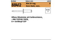 500 Stück, Artikel 88412 Niet Al-Leg. B Dorn Stahl, verz. Offene Blindniete mit Sollbruchdorn, ~DIN 7337/ISO 15978, Senkkopf 120° - Abmessung: 3 x 6