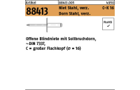 250 Stück, Artikel 88413 Niet St., verz. C-K 16 Dorn Stahl, verz. Offene Blindniete mit Sollbruchdorn, ~DIN 7337, großer Flachkopf (Ø = 16) - Abmessung: 4,8 x 10,3