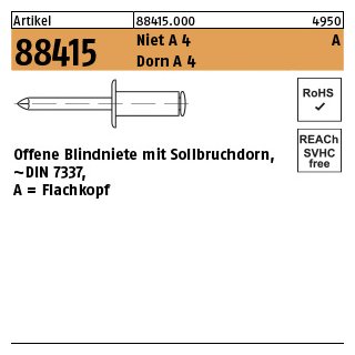 500 Stück, Artikel 88415 Niet A 4 A Dorn A 4 Offene Blindniete mit Sollbruchdorn, ~DIN 7337, Flachkopf - Abmessung: 3 x 8