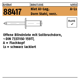 500 Stück, Artikel 88417 Niet Al-Leg. A-Ls Dorn Stahl, verz. Offene Blindniete mit Sollbruchdorn, ~DIN 7337/ISO 15977, Flachkopf, schwarz - Abmessung: 3 x 6