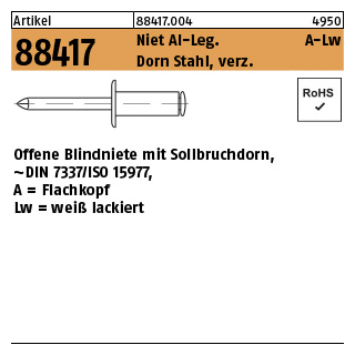 500 Stück, Artikel 88417 Al-Leg./St.verz. A-Lw A=Flachkopf, weiß lackiert Blindniete DIN 7337,offen - Abmessung: 3 x 8