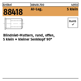 500 Stück, Artikel 88418 Al-Leg. S klein Blindniet-Muttern, rund, offen, kleiner Senkkopf 90° - Abmessung: M 5 /0,5 -3,0