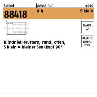 500 Stück, Artikel 88418 A 4 S klein Blindniet-Muttern, rund, offen, kleiner Senkkopf 90° - Abmessung: M 5 / 0,25 - 3,0