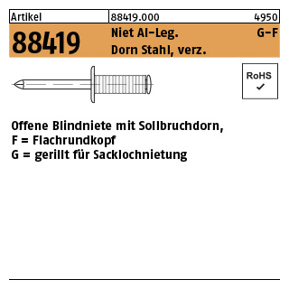 500 Stück, Artikel 88419 Niet Al-Leg. G-F Dorn Stahl, verz. Offene Blindniete mit Sollbruchdorn, Flachrundkopf, gerillt - Abmessung: 3,2 x 10