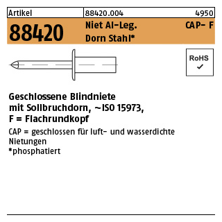 500 Stück, Artikel 88420 Niet Al-Leg. CAP- F Dorn Stahl Geschlossene Blindniete mit Sollbruchdorn, ~ISO 15973, Flachrundkopf - Abmessung: 3,2 x 6,5