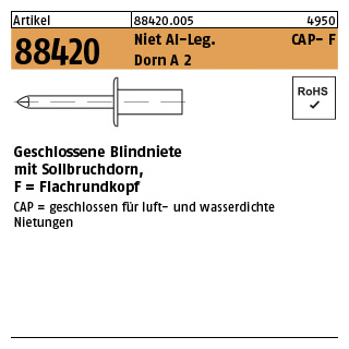 500 Stück, Artikel 88420 Niet Al-Leg. CAP- F Dorn A 2 Geschlossene Blindniete mit Sollbruchdorn, Flachrundkopf - Abmessung: 3,2 x 6,5