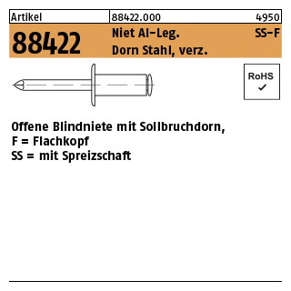 500 Stück, Artikel 88422 Niet AI SS-F Dorn Stahl, verz. Offene Blindniete mit Sollbruchdorn, Flachkopf mit Spreizschaft - Abmessung: 3,2 x 10