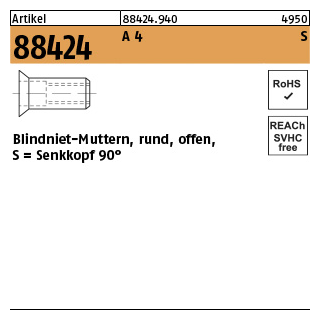 500 Stück, Artikel 88424 A 4 S Blindniet-Muttern, rund, offen, Senkkopf 90° - Abmessung: M 4 / 1,5 - 3,0