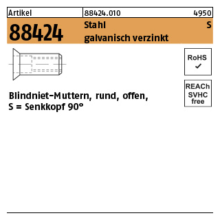 500 Stück, Artikel 88424 Stahl S galvanisch verzinkt Blindniet-Muttern, rund, offen, Senkkopf 90° - Abmessung: M 4 /1,5 -3,5