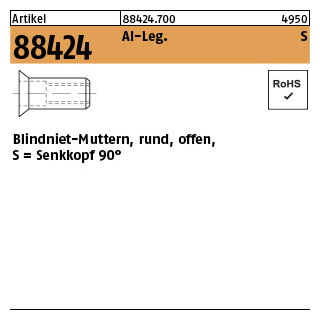 100 Stück, Artikel 88424 Al-Leg. S Blindniet-Muttern, rund, offen, Senkkopf 90° - Abmessung: M 8 /1,5 -4,5