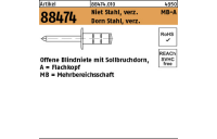 500 Stück, Artikel 88474 Niet Stahl, verz. MB-A Dorn Stahl, verz. Offene Blindniete mit Sollbruchdorn, Flachkopf, Mehrbereichsschaft - Abmessung: 4 x 10