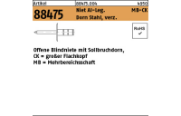 1000 Stück, Artikel 88475 Niet Al-Leg. MB-CK Dorn Stahl, verz. Offene Blindniete mit Sollbruchdorn, großer Flachkopf, Mehrbereichsschaft - Abmessung: 3,2x 8 K 9,5