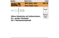 1000 Stück, Artikel 88475 Niet St., verz. MB-CK Dorn Stahl, verz. Offene Blindniete mit Sollbruchdorn, großer Flachkopf, Mehrbereichsschaft - Abmessung: 3,2x 8 K 9,5