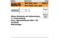 500 Stück, Artikel 88476 Niet St. verz. MEGA-F Dorn Stahl, verz. gelb Offene Blindniete mit Sollbruchdorn, Flachrundkopf, für hochfeste Nietung - Abmessung: 4,8 x 10,5