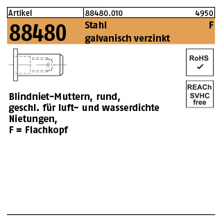 500 Stück, Artikel 88480 Stahl F galvanisch verzinkt Blindniet-Muttern, rund, geschl., FLAKO für luft- und wasserdichte Nietungen - Abmessung: M 6 /0,5 -3,0