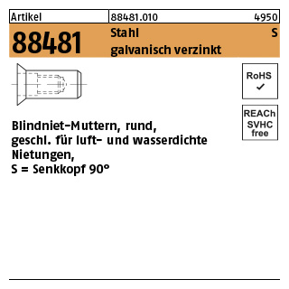 500 Stück, Artikel 88481 Stahl S galvanisch verzinkt Blindniet-Muttern, rund, geschl., SEKO für luft- und wasserdichte Nietungen - Abmessung: M 4 /1,5 -3,5