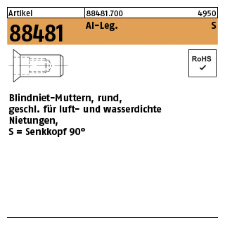 500 Stück, Artikel 88481 Al-Leg. S Blindniet-Muttern, rund, geschl., SEKO für luft- und wasserdichte Nietungen - Abmessung: M 6 /1,5 -4,5