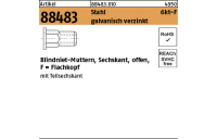 500 Stück, Artikel 88483 Stahl 6kt-F galvanisch verzinkt Blindniet-Muttern, Sechskant, offen, Flachkopf - Abmessung: M 4 /0,5 -2,0