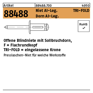 250 Stück, Artikel 88488 Niet Al-Leg. TRI-FOLD Dorn Al-Leg. Offene Blindniete mit Sollbruchdorn, Flachrundkopf - Abmessung: 4,8 x 22,2