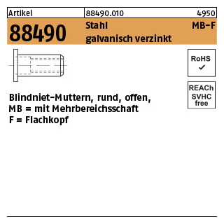 500 Stück, Artikel 88490 Stahl MB-F galvanisch verzinkt Blindniet-Muttern, rund, offen, mit Mehrbereichsschaft, Flachkopf - Abmessung: M 6 / 0,5 - 6,0