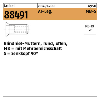 500 Stück, Artikel 88491 Al-Leg. MB-S Blindniet-Muttern, rund, offen, mit Mehrbereichsschaft, Senkkopf 90° - Abmessung: M 8 / 1,5 - 7,5