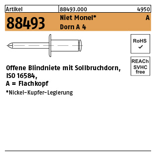 500 Stück, Artikel 88493 Niet Monel A Dorn A 4 Offene Blindniete mit Sollbruchdorn, ISO 16584, Flachkopf - Abmessung: 4 x 8