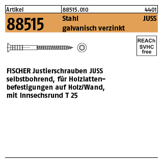 100 Stück, Artikel 88515 Stahl JUSS galvanisch verzinkt FISCHER Justierschrauben JUSS selbstb. für Holzlattenbefestigungen - Abmessung: JUSS 6x 90/T25