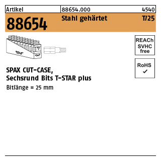 50 Stück, Artikel 88654 Stahl gehärtet T/25 SPAX CUT-CASE, Sechsrund Bits T-STAR plus - Abmessung: SW 1/4x25 T 15