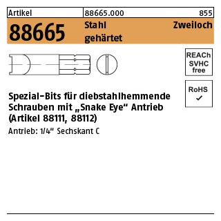 1 Stück, Artikel 88665 Stahl Zweiloch gehärtet Spezial-Bits für diebstahlhemmende Schrauben mit Snake Eye Antrieb - Abmessung: M 4