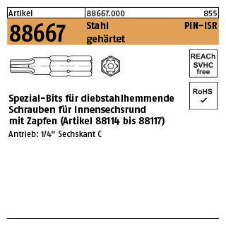 1 Stück, Artikel 88667 Stahl PIN-ISR gehärtet Spezial-Bits für diebstahlhemmende Schrauben für Innensechsrund mit Zapfen - Abmessung: T 10