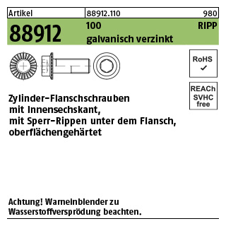 500 Stück, Artikel 88912 100 RIPP galvanisch verzinkt Zylinder-Flanschschrauben mit Innensechskant, mit Sperr-Rippen - Abmessung: M 6 x 10