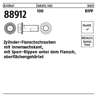 100 Stück, Artikel 88912 100 RIPP Zylinder-Flanschschrauben mit Innensechskant, mit Sperr-Rippen - Abmessung: M 12 x 35