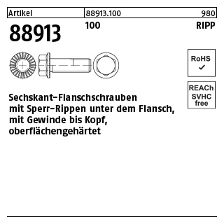 500 Stück, Artikel 88913 100 RIPP Sechskant-Flanschschrauben mit Sperr-Rippen, Flansch, Gewinde bis Kopf - Abmessung: M 6 x 10