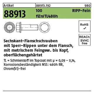 100 Stück, Artikel 88913 100 RIPP-Fein flZn/TL 480h (zinklamellenbe.) Sechskant-Flanschschrauben mit Sperr-Rippen, Flansch, Feingew. - Abmessung: M 14 x 1,5 x 35