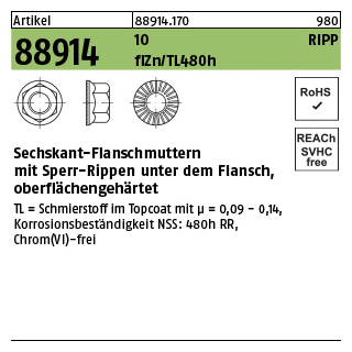 500 Stück, Artikel 88914 10 RIPP flZn/TL 480h (zinklamellenbesch.) Sechskant-Flanschmuttern mit Sperr-Rippen, Flansch - Abmessung: M 5