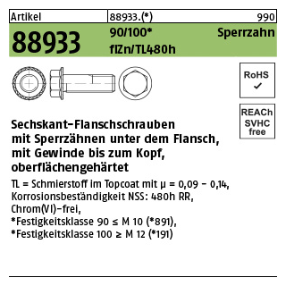 100 Stück, Artikel 88933 100 Sperrzahn flZn/TL 480h (zinklamellenbe.) Sechskant-Flanschschrauben mit Sperrzähnen, Flansch, Gewinde bis Kopf - Abmessung: M 12 x 50